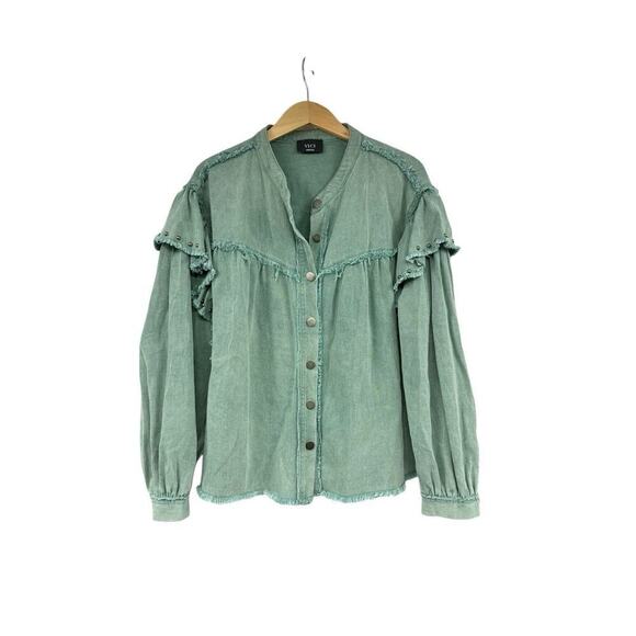 Vici Collection Green Stuffed Ruffle Shoulder Oversized Shacket Jacket Womens M - Picture 9 of 11